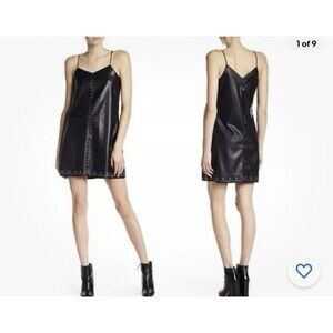 Blank NYC Close The Deal Black Embossed Vegan Stud Leather Slip Dress Size Large